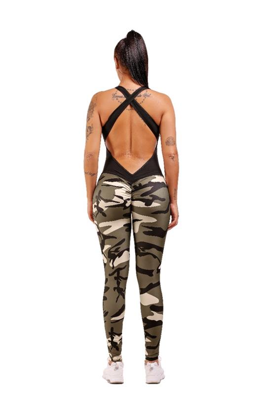 Damen Jumpsuit mit Camouflage-Leggings und offenem Rücken. Sportlich, modisch, ideal für Fitness und Freizeit. Hochwertige Materialien.