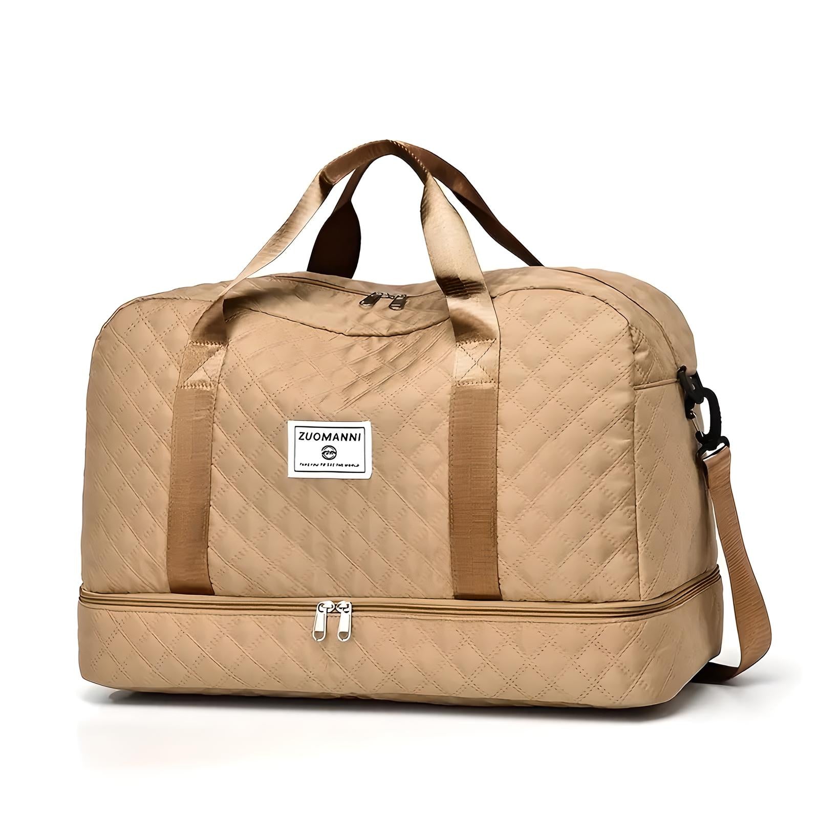 Beige Reisetasche aus Leder mit Tragegriffen und Schulterriemen, geräumig, stilvoll, langlebig.