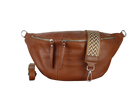Braune Leder-Bauchtasche mit Reißverschlüssen und verstellbarem, gemustertem Schultergurt. Modisch, praktisch, ideal für unterwegs.