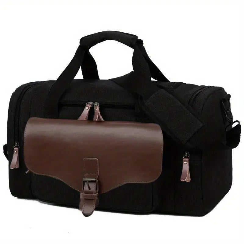Schwarze Reisetasche mit brauner Lederklappe, robustes Design, ideal für Reisen und Alltag.