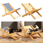 Holz-Katzenliege mit blauem und beigem Stoff, ideal für Haustiere. Bequeme Katzenmöbel, stilvolles Design, langlebig und platzsparend.