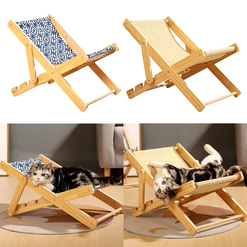 Holz-Katzenliege mit blauem und beigem Stoff, ideal für Haustiere. Bequeme Katzenmöbel, stilvolles Design, langlebig und platzsparend.