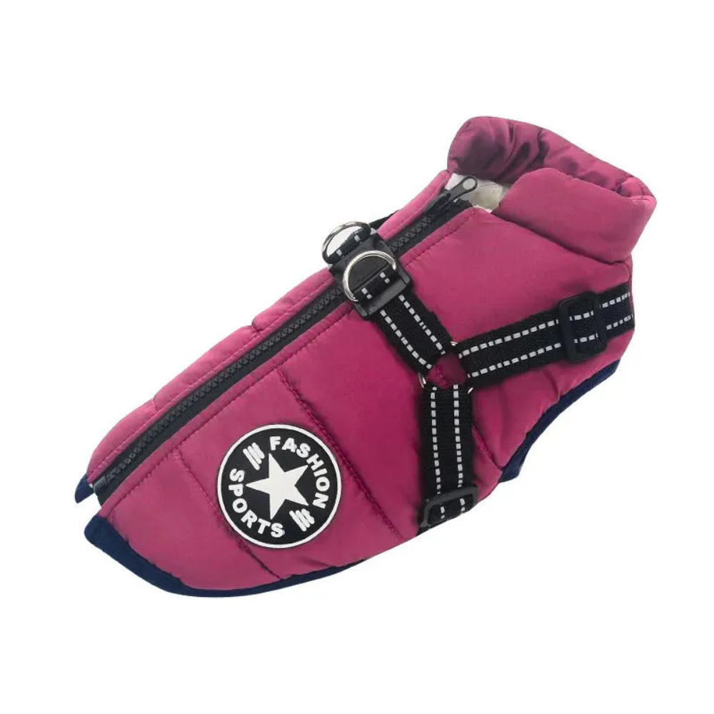 Warme, rosa Hundejacke mit Reißverschluss und reflektierendem Geschirr. Ideal für kaltes Wetter, modisch und funktional für kleine Hunde.
