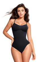 Schwarzer Damen-Bodysuit mit Spaghettiträgern, figurbetontem Design und elegantem Look. Perfekt für Mode, Komfort und Vielseitigkeit.
