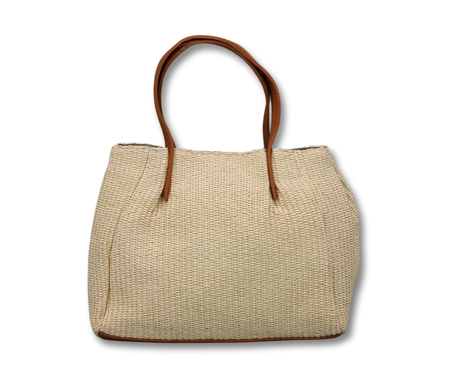 Beige Strohtasche mit braunen Ledergriffen, ideal für Sommer und Strand. Modische Damenhandtasche, geräumig und stilvoll.