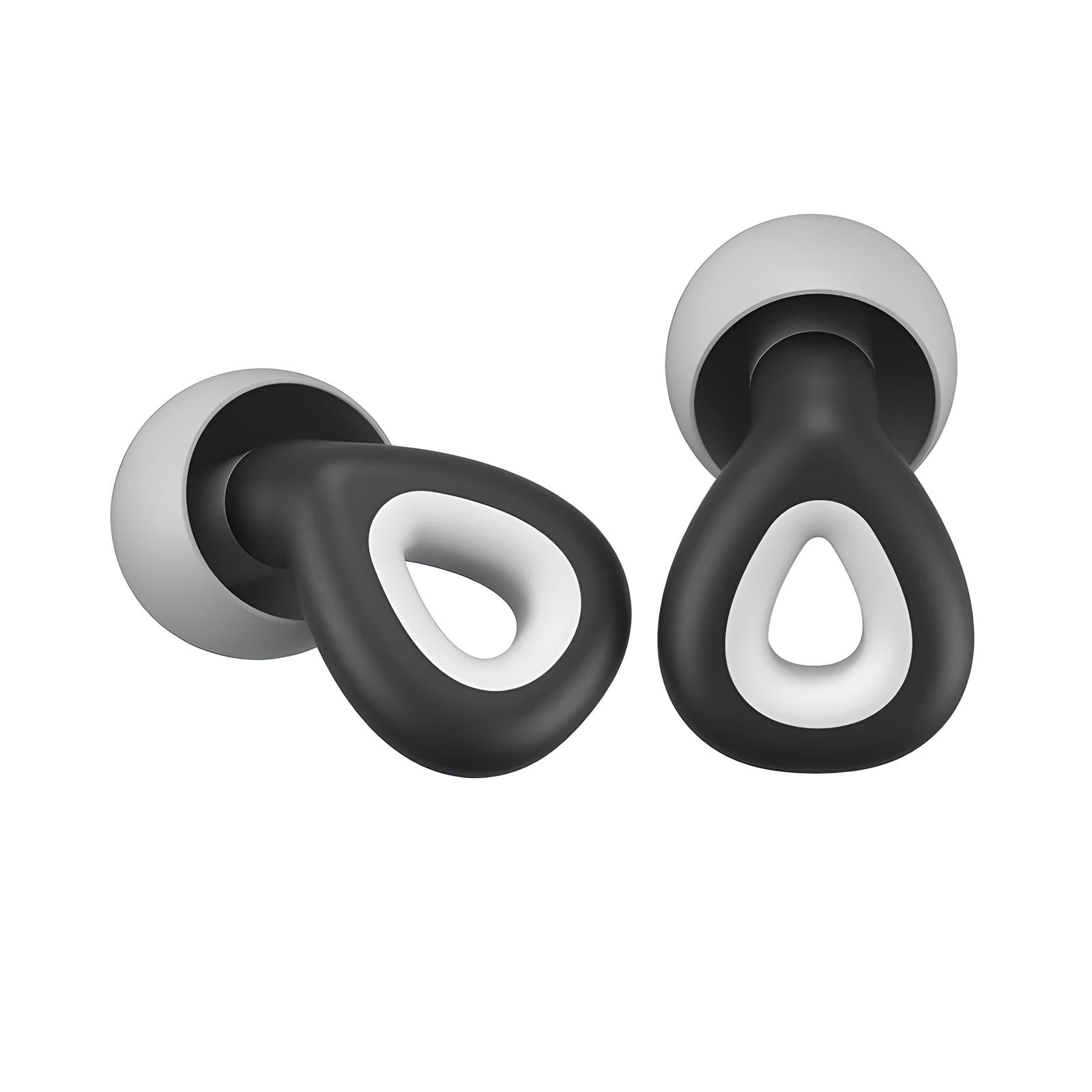 Schwarze und weiße Ohrstöpsel, ergonomisches Design, Lärmschutz, Silikonmaterial.