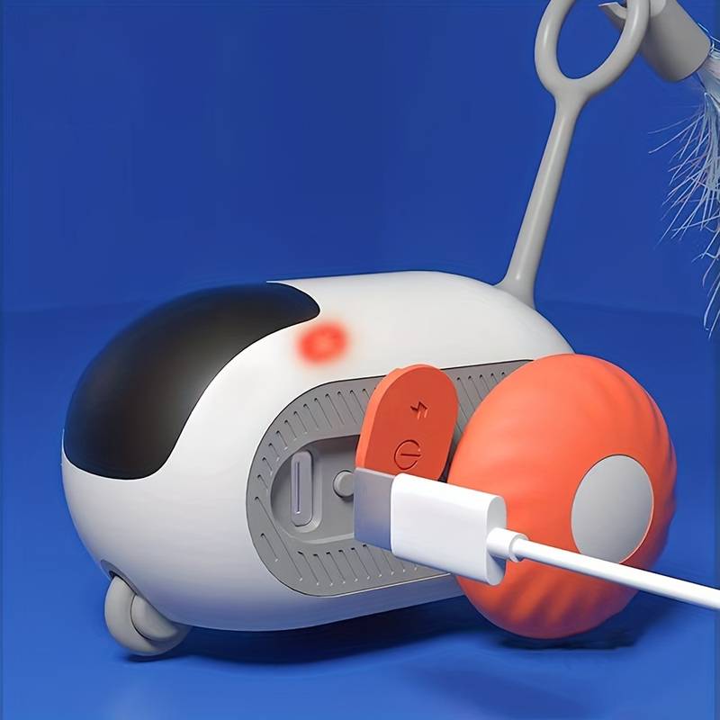 Futuristisches, weißes Ladegerät mit USB-Anschluss und orangefarbenem Kabel auf blauem Hintergrund. Modernes Design, innovative Technologie.