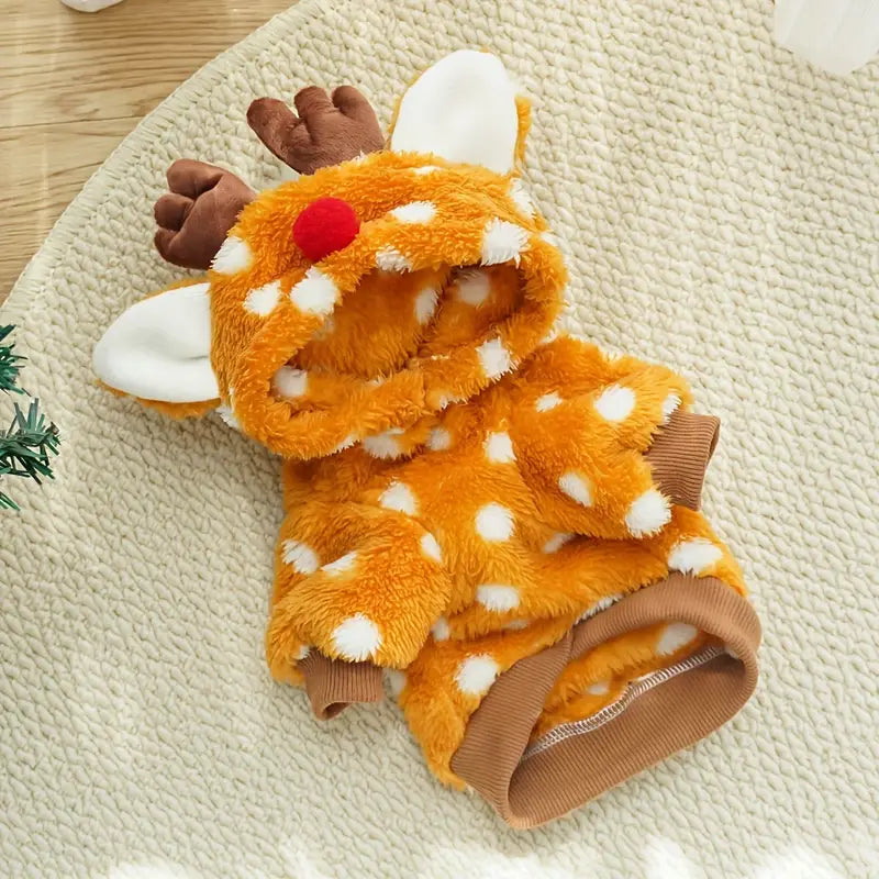 Kuscheliger Rentier-Hundepullover mit Kapuze, orange mit weißen Punkten, ideal für kalte Wintertage. Haustierkleidung, warm, modisch, bequem.