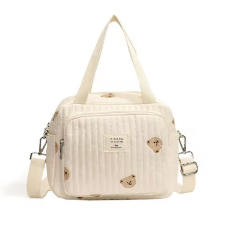 Beige Kinderhandtasche mit Bärenmuster, verstellbarem Schultergurt, Reißverschluss, Baumwolle.