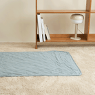 Kühlmatte für Haustiere, blau, auf Teppich vor Holzregal, ideal für Hunde und Katzen.