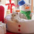 Katzenbett Schneemann-Form, weiß, gemütlich, Weihnachtsdesign, mit Katze, Geschenkdeko.