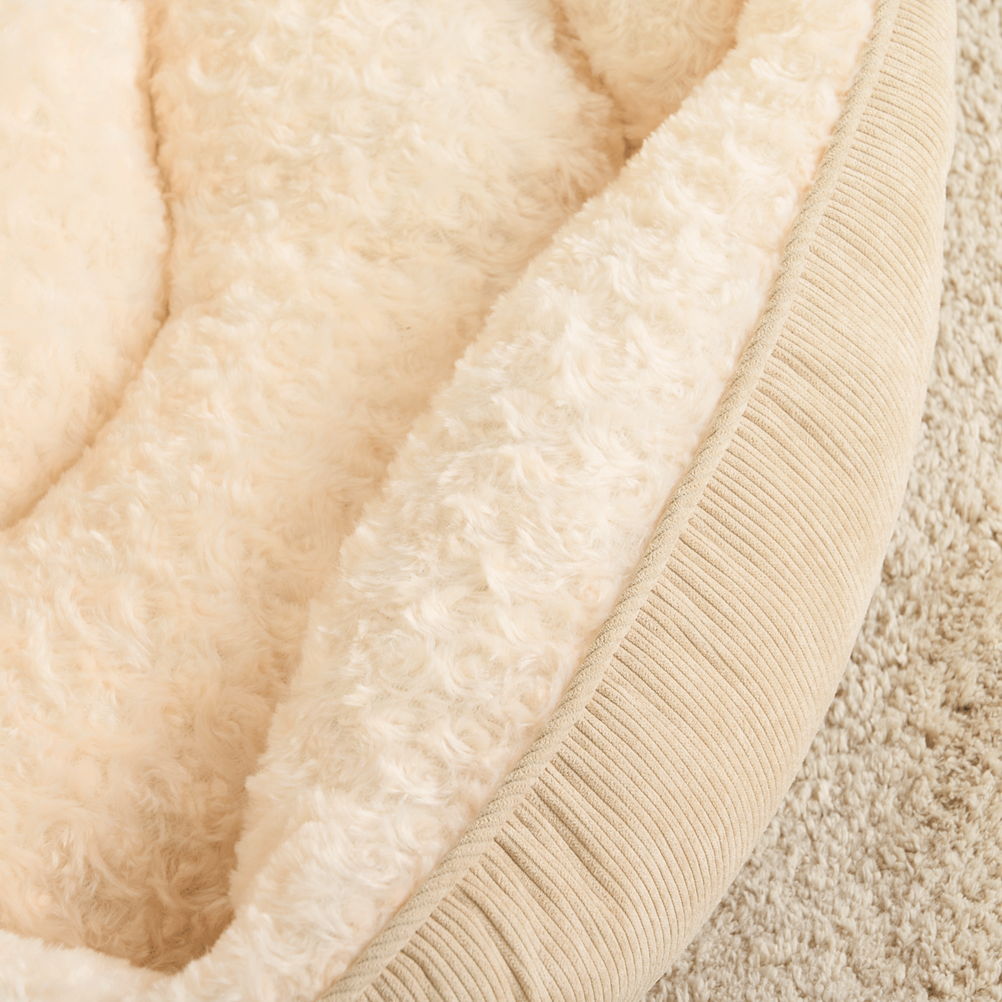 Kordbett für Haustiere, beige, kuschelig, Cord, rund, bequem, ideal für Hunde und Katzen.