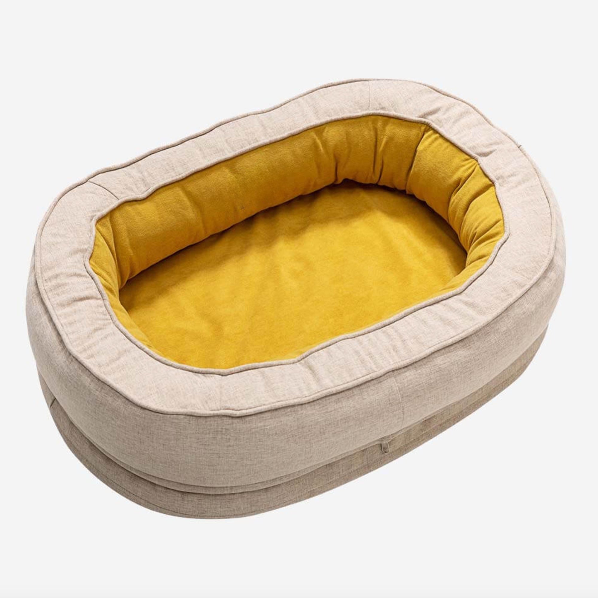 Beiges und gelbes Hundebett, oval, aus weichem Stoff, gemütlich, hochwertig, Haustierbett.