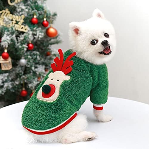 Weißer Hund in grünem Rentier-Pullover vor Weihnachtsbaum. Niedliches Haustier, Weihnachtsoutfit, festliche Hundebekleidung, Wintermode.