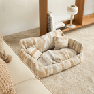 Flauschiges Haustier-Sofa-Bett, beige, gestreift, gemütlich, für Hunde und Katzen, Wohnzimmer.