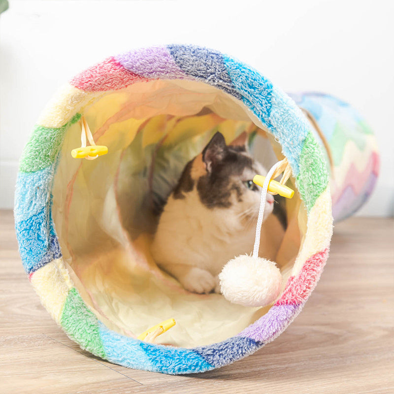 Katzentunnel Regenbogenfarben Plüsch, Spielzeug für Katzen, mit Ball, Indoor-Aktivitätsspielzeug
