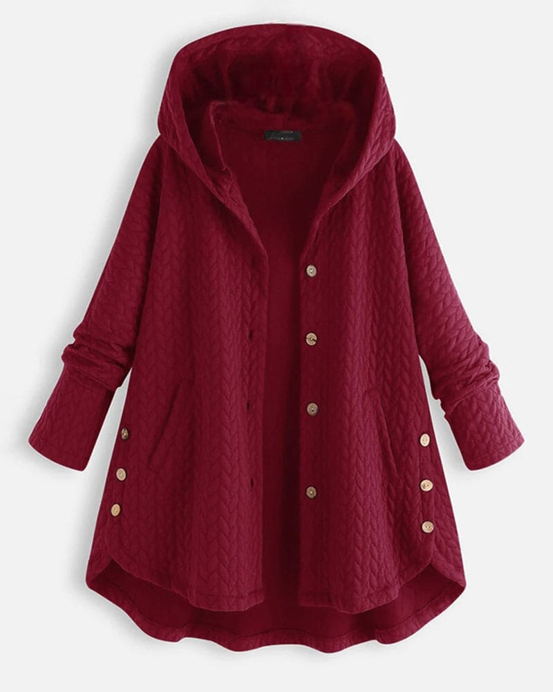 Damen Kapuzenjacke in Rot, gesteppter Stoff, Knopfleiste, lässiger Stil. Perfekt für Herbstmode, warm und stilvoll. Ideal für den Alltag.