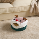 Rentier-Katzenversteck aus Plüsch, beige und grün, gemütliches Haustierbett, weihnachtliches Design.