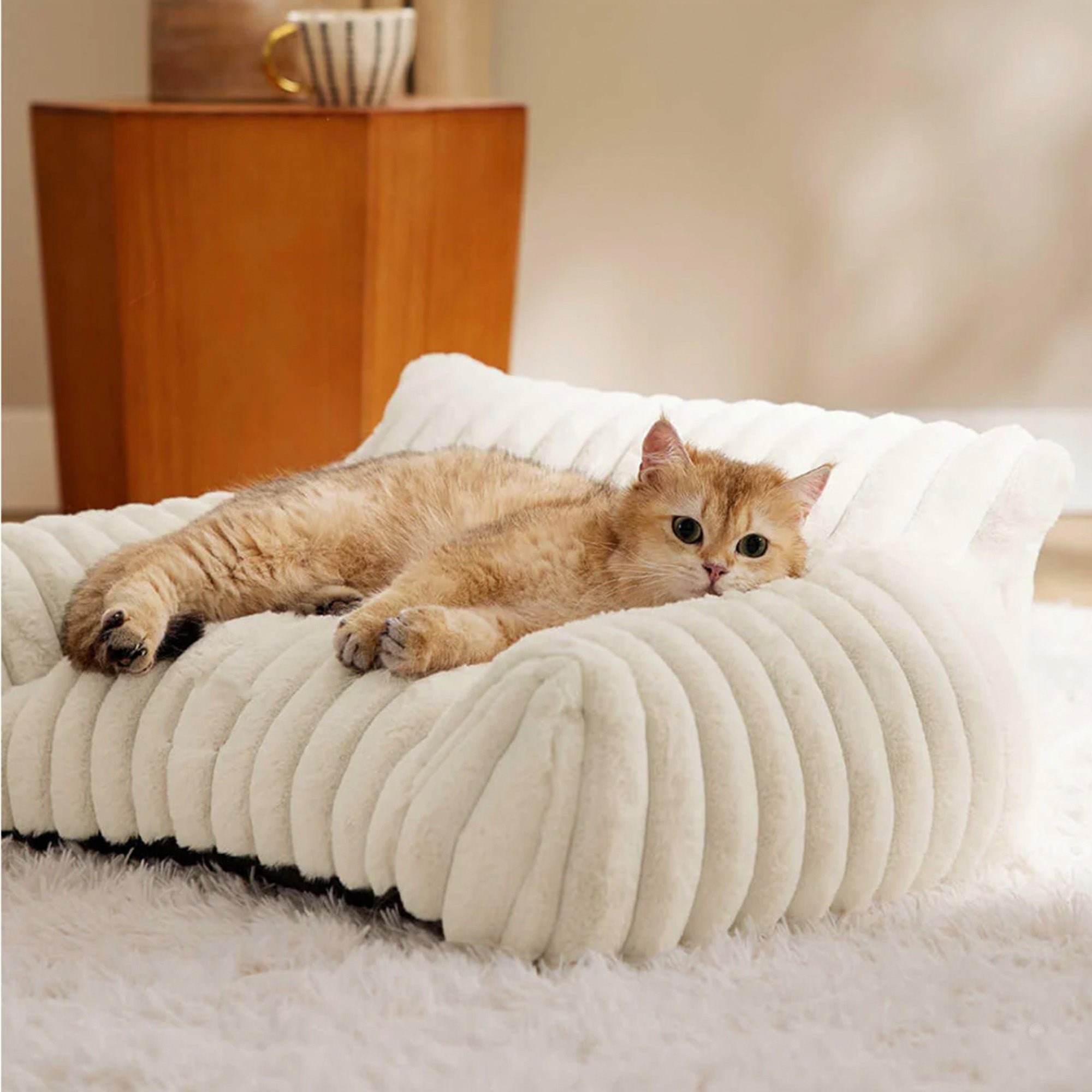 Kuscheliges Katzenbett aus Kunstfell, cremeweiß, luxuriös, bequem, für Haustiere.