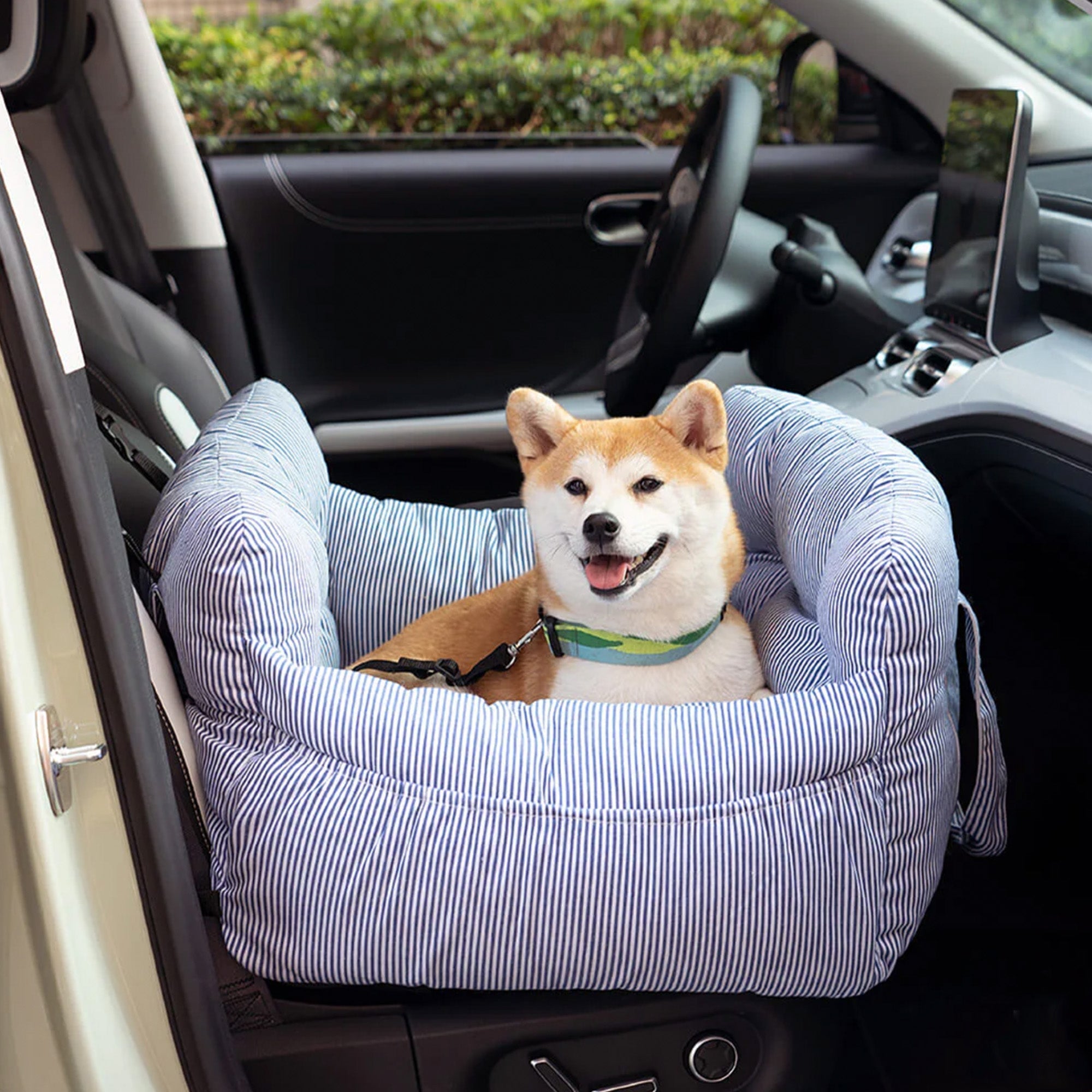 Hund im gestreiften Autositzbett, tragbar, bequem, für große Hunde, blau-weiß, Autozubehör.