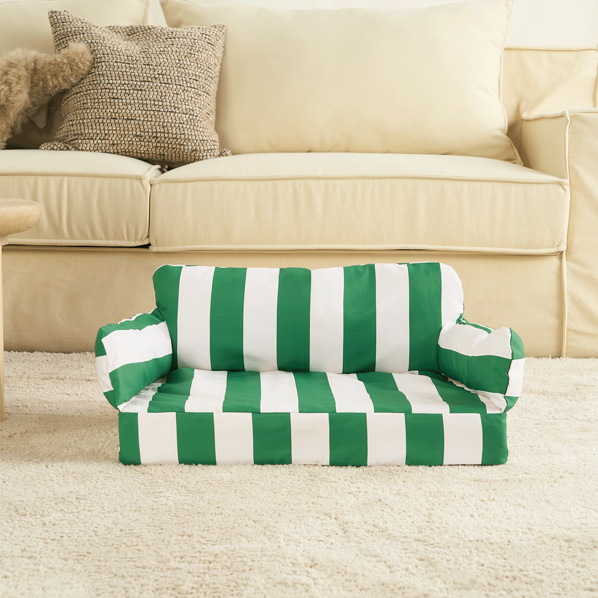 Grün-weiß gestreiftes Haustiersofa, bequemes Design, ideal für kleine Hunde und Katzen.