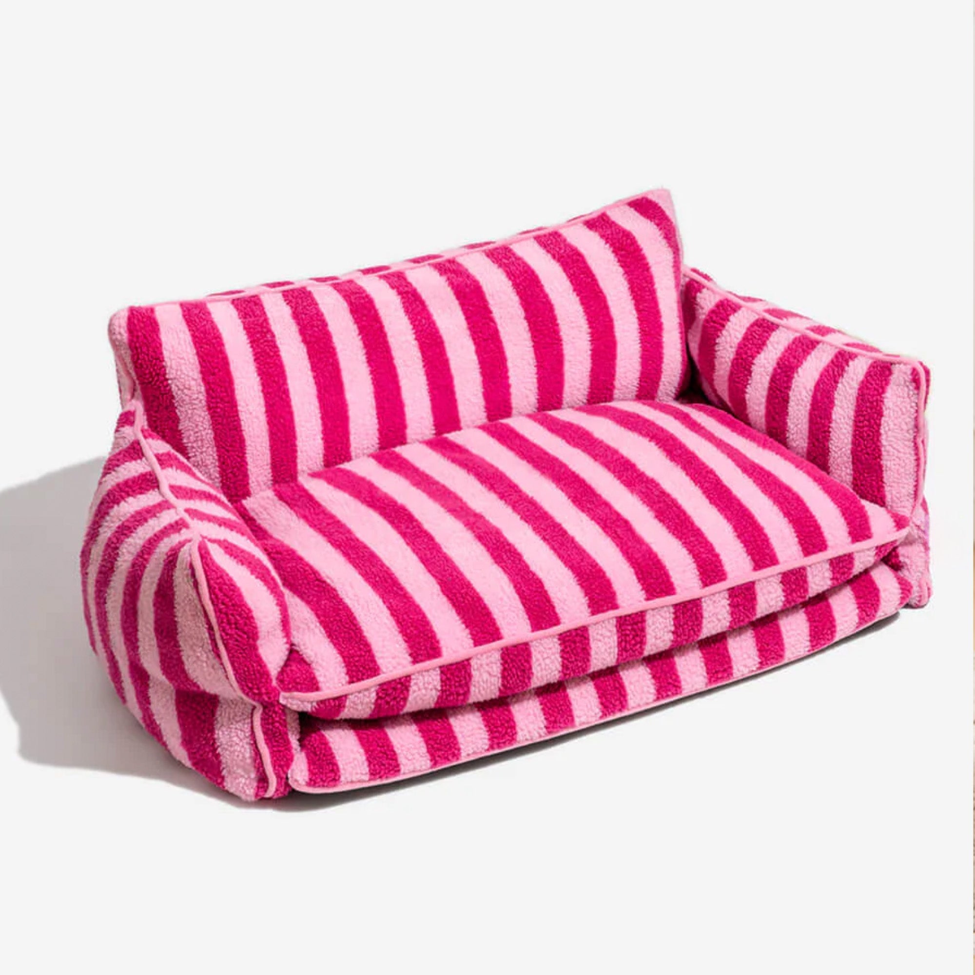 Gestreiftes rosa Hundesofa aus Kunstlammwolle, doppellagig, bequemes Haustierbett.