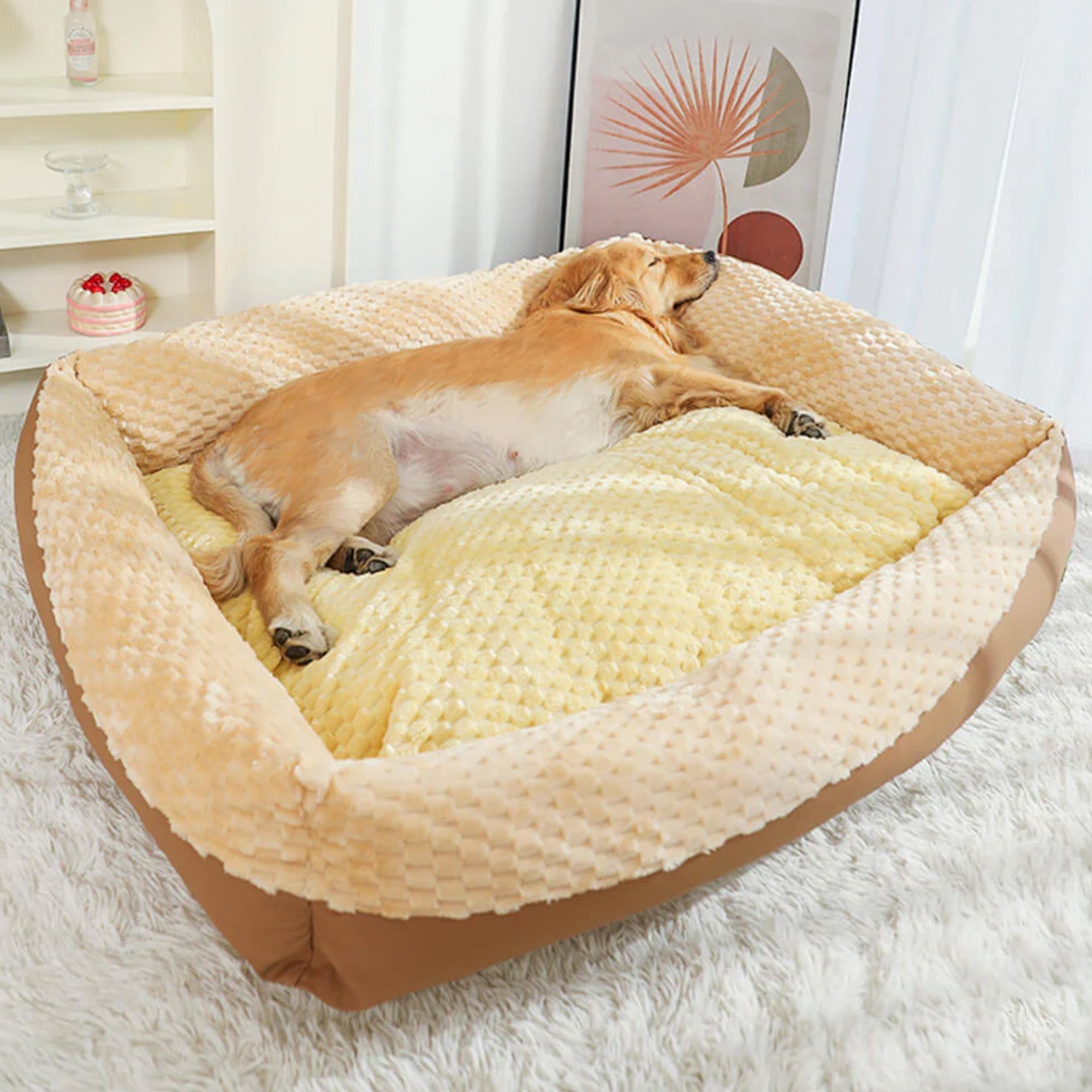 Gemütliches, orthopädisches Hundebett, beige, Plüsch, hoher Rand, Vintage-Stil, für Hunde und Katzen.