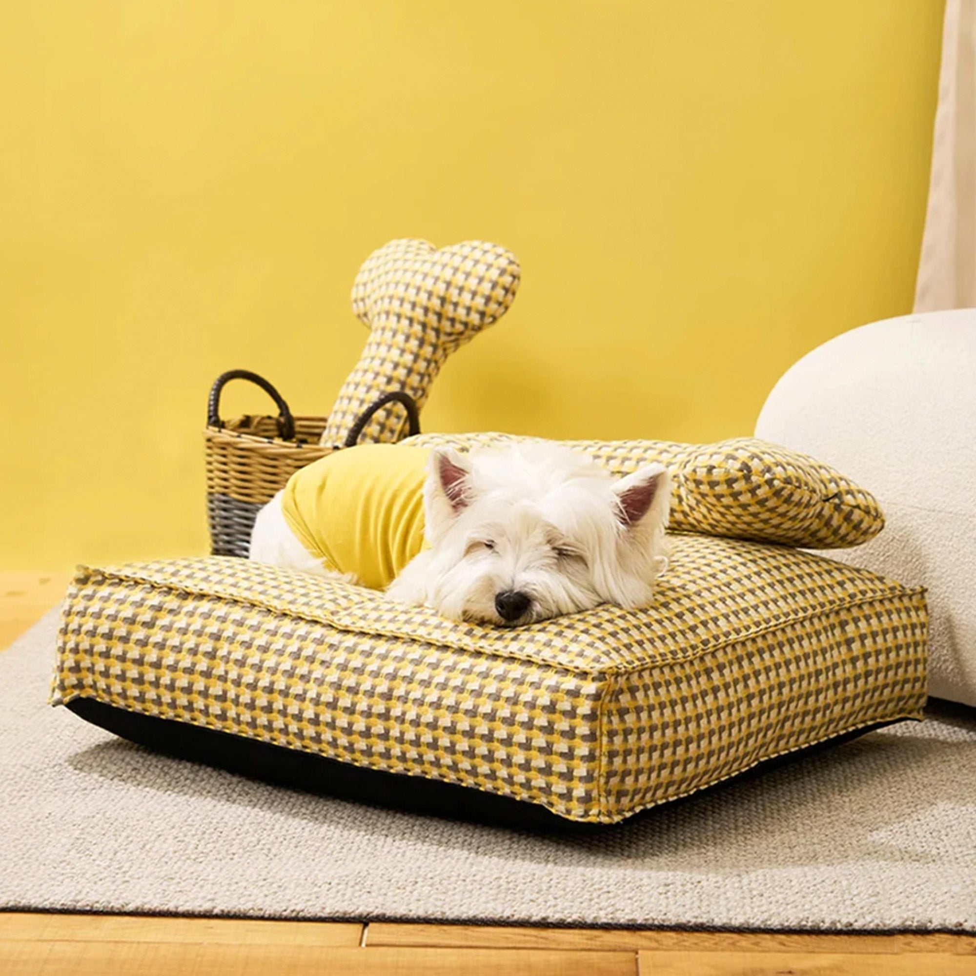 Hundebett Waffelmuster Gelb, beruhigend, gemütlich, Hund schläft, modernes Design, Heimtierbedarf