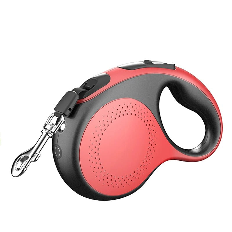 Rote Hundeleine, einziehbar, ergonomischer Griff, robustes Material, für Hundeauslauf.