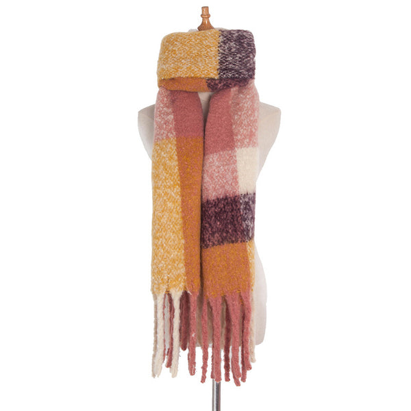 Bunter Damen-Wollschal mit Karomuster, Fransen, warm, modisch, Herbst-Winter-Accessoire.