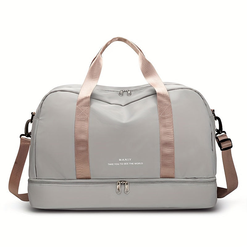 Graue Reisetasche mit verstellbarem Schultergurt, robustem Reißverschluss und geräumigem Hauptfach. Perfekt für Reisen und Sport.