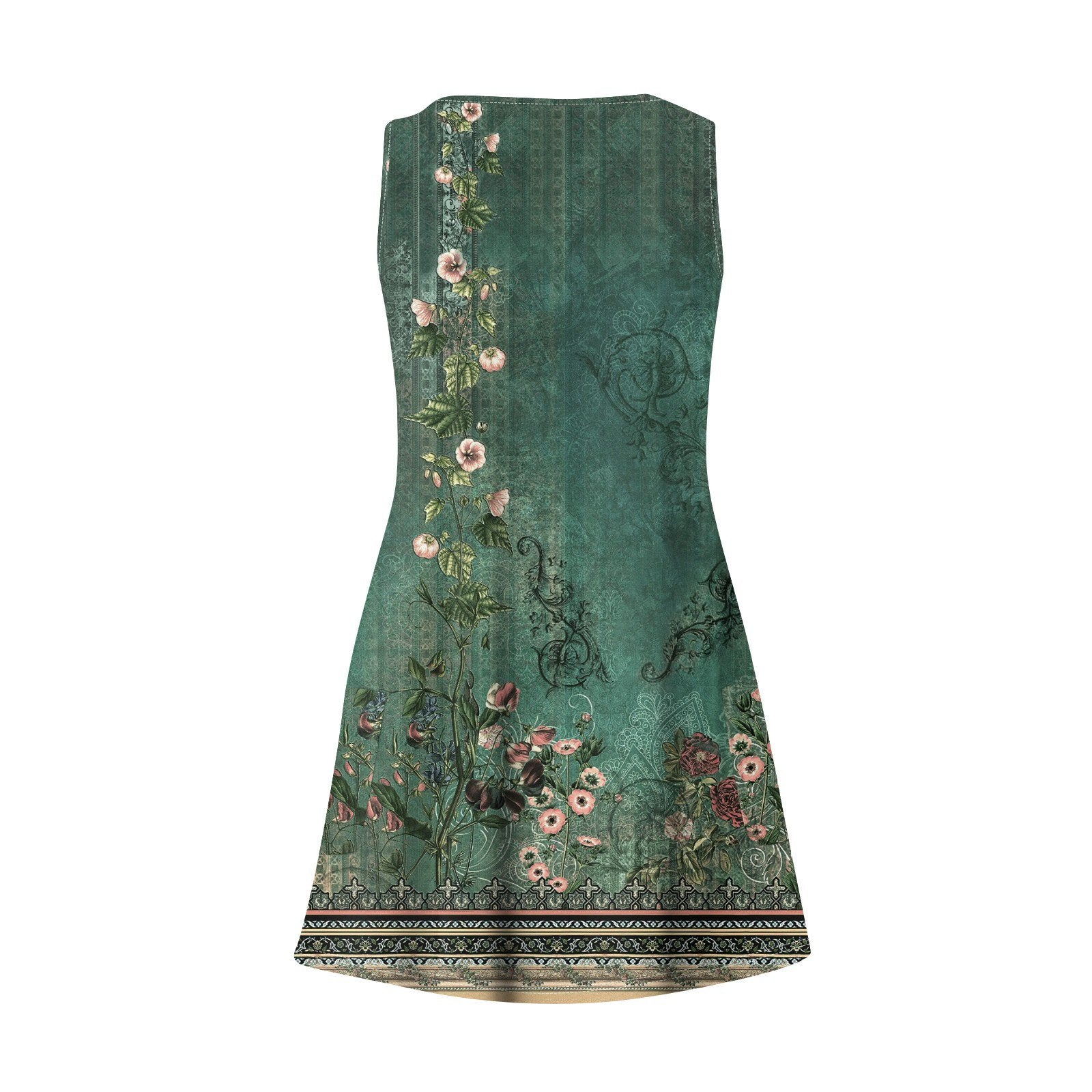 Grünes ärmelloses Kleid mit floralem Muster, Vintage-Stil, Damenmode, Sommerkleid, elegant, geblümtes Design, ideal für Freizeit und Events.