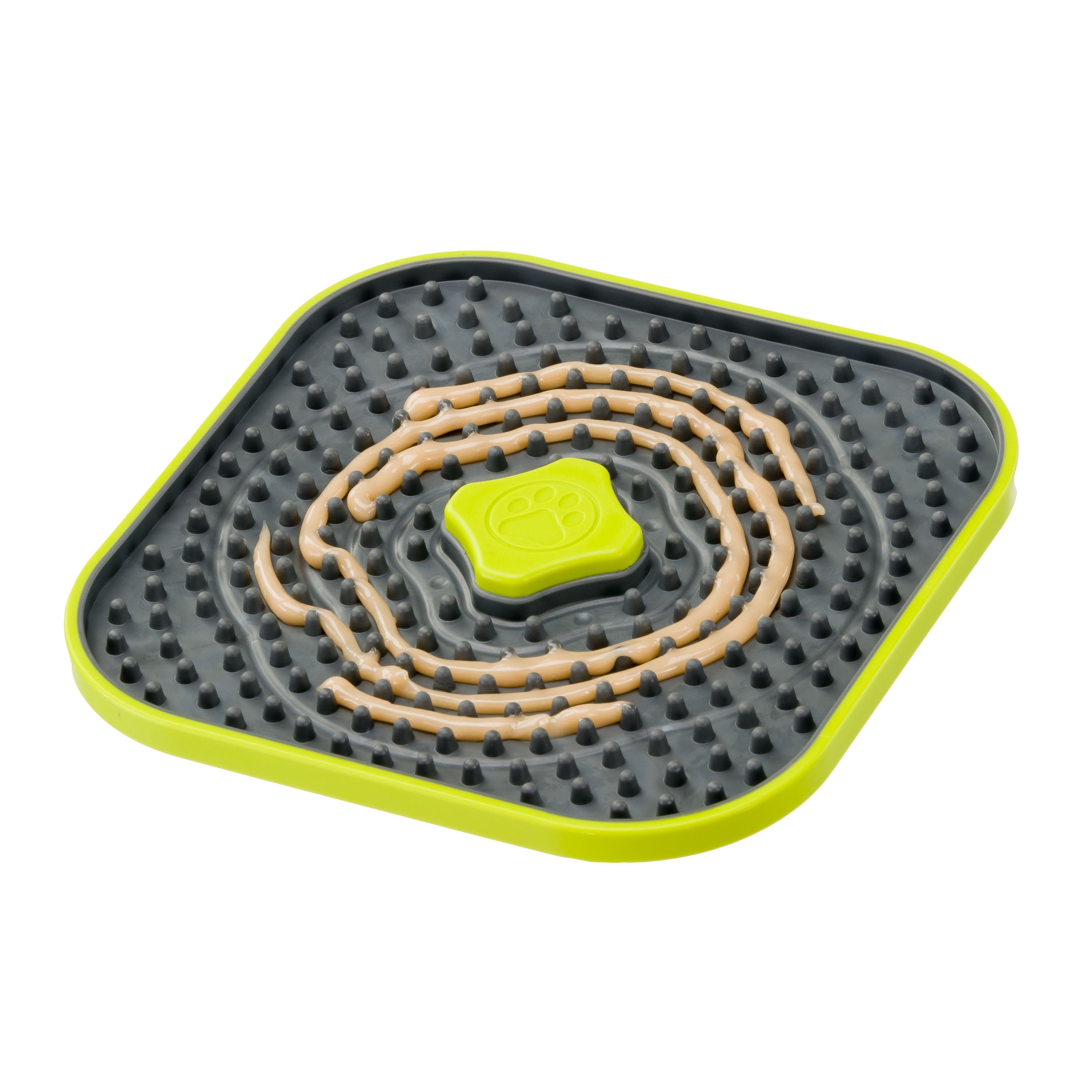 Grüner Hundeleckmatte mit Noppen und Spiralmuster, ideal für langsames Fressen und Beschäftigung. Perfekt für Hunde, die langsamer essen sollen.