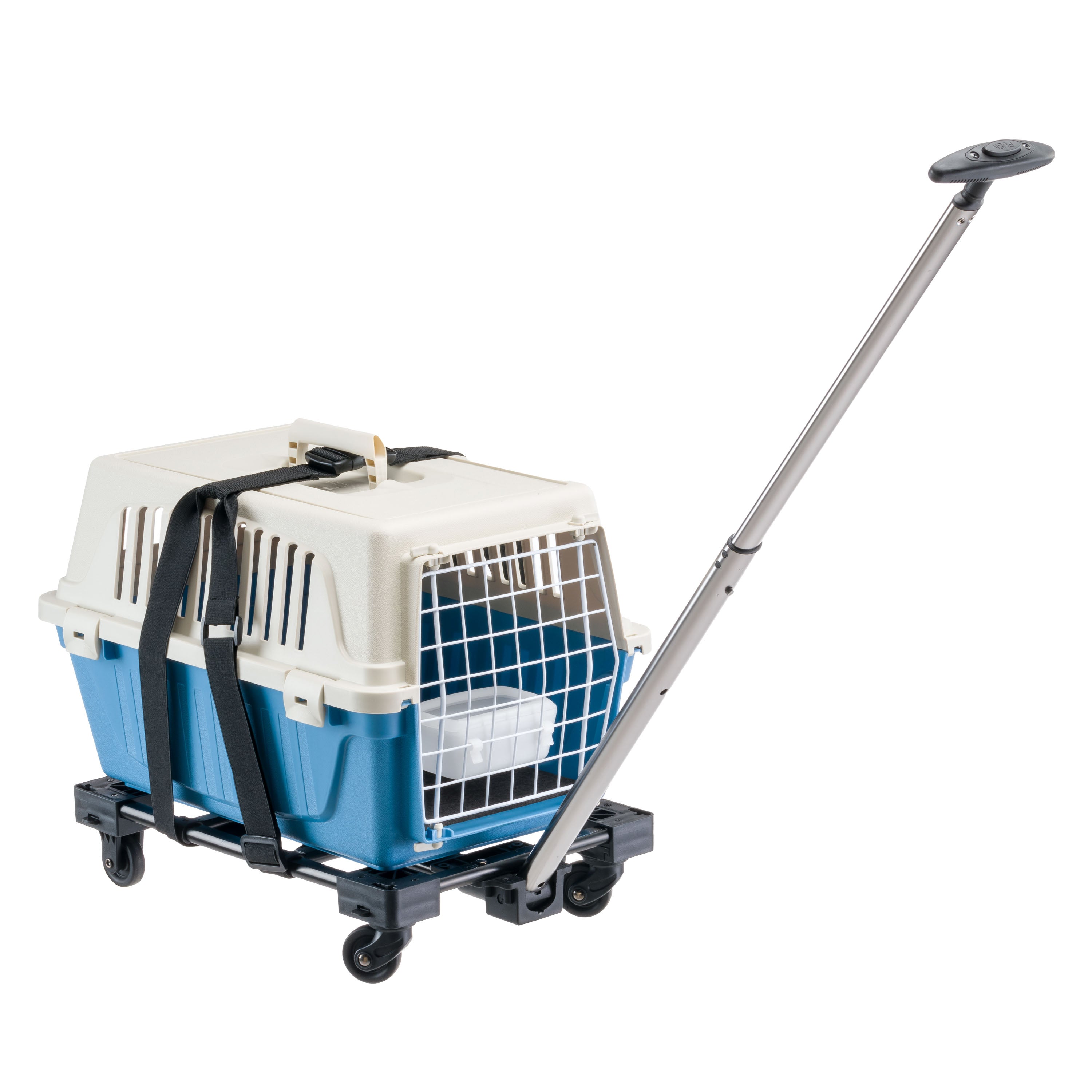 Transportbox für Haustiere mit Rollen und Teleskopgriff, ideal für Reisen. Robuste Konstruktion, einfache Handhabung, sicherer Transport.