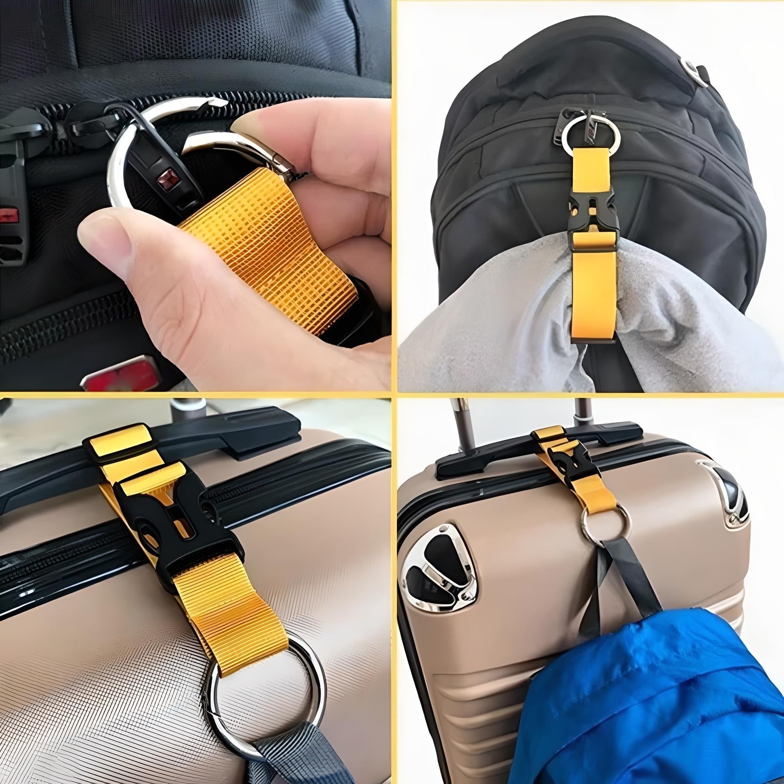Gelber Kofferanhänger mit Schnalle, vielseitig einsetzbar für Rucksäcke und Gepäck, robustes Design.