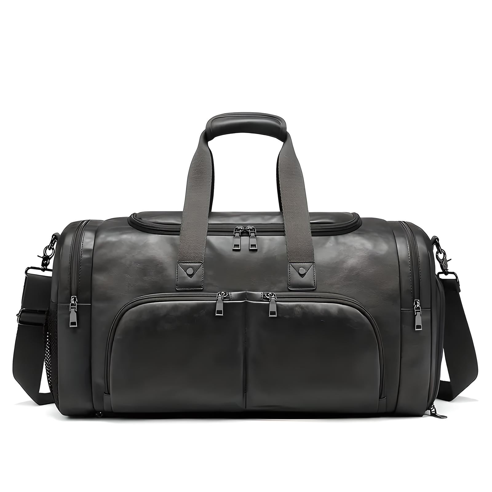Schwarze Lederreisetasche mit Schultergurt, geräumig, stilvoll, ideal für Reisen und Sport.