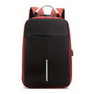 Schwarzer und roter Laptop-Rucksack, diebstahlsicher, USB-Anschluss, modernes Design.