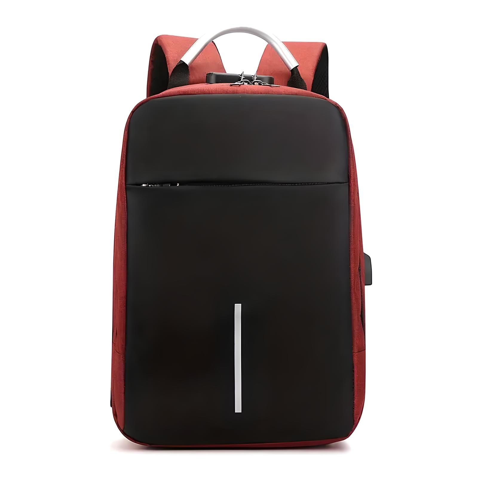 Schwarzer und roter Laptop-Rucksack, diebstahlsicher, USB-Anschluss, modernes Design.