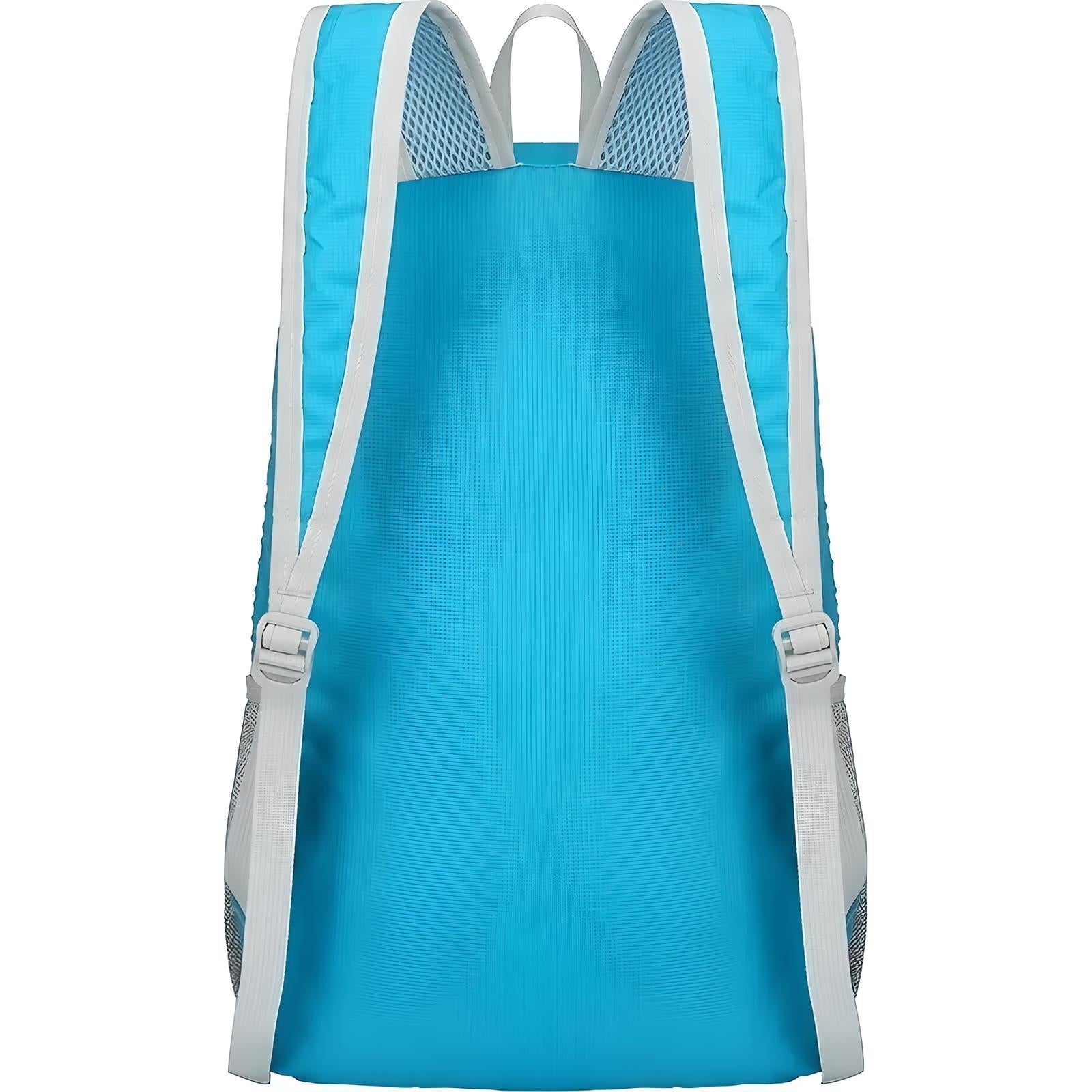 Blauer Rucksack mit weißen Trägern, leichtes Material, ideal für Reisen und Outdoor-Aktivitäten.
