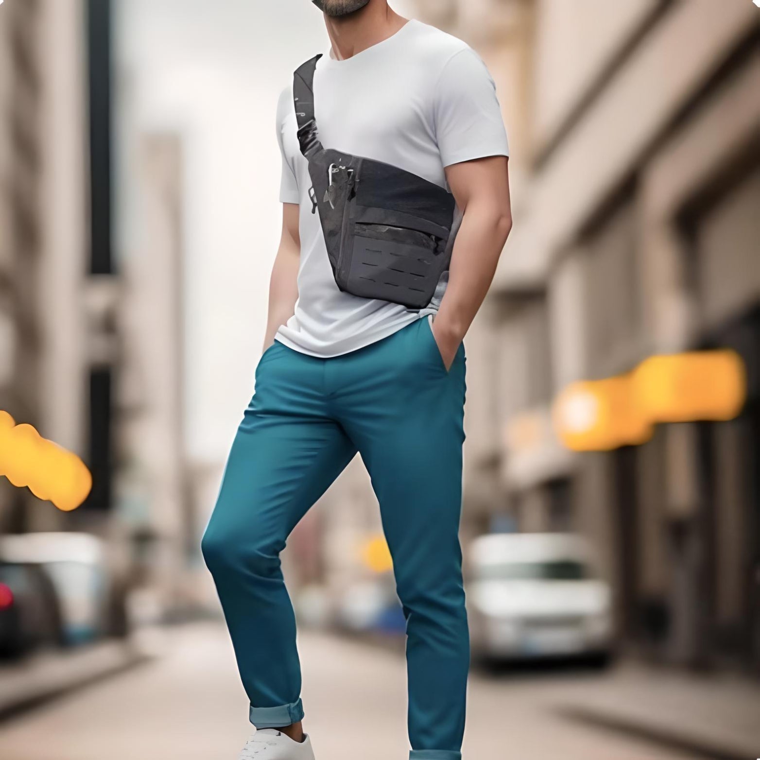 Mann mit schwarzer Umhängetasche, weißem T-Shirt und blauer Hose in urbaner Umgebung.