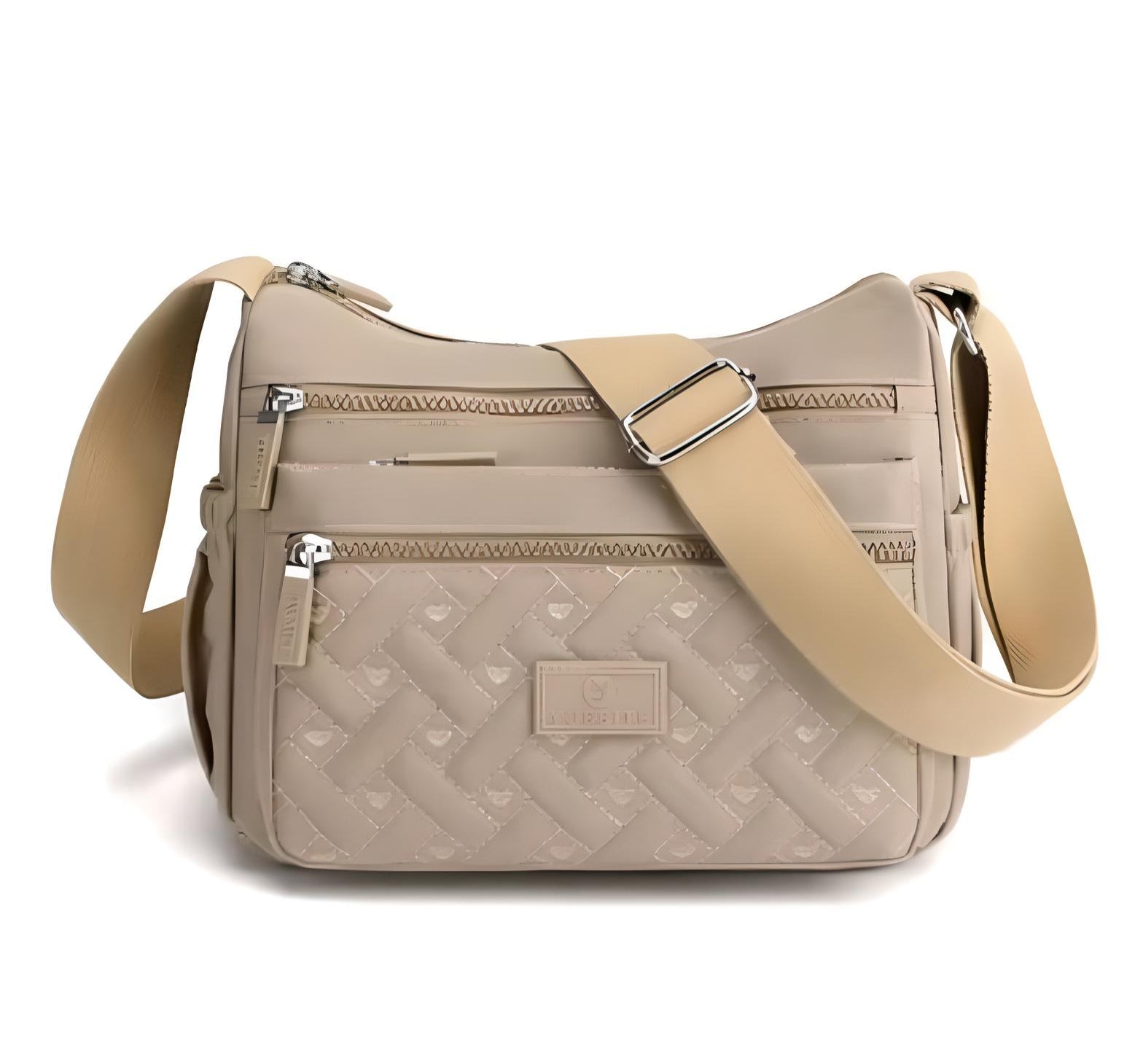 Beige Umhängetasche Damen, gesteppt, mit Reißverschlusstaschen, verstellbarer Schulterriemen.
