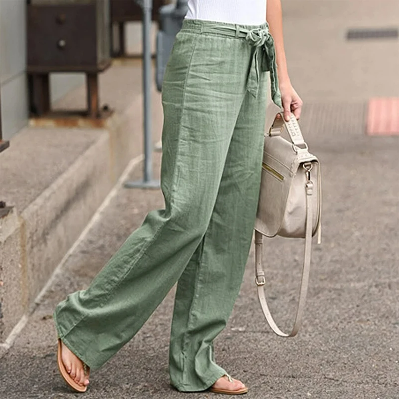 Damenhose aus Leinen-Baumwoll-Mix, grün, weit geschnitten, mit elastischem Bund und Schleife. Perfekt für Sommermode und lässige Outfits.
