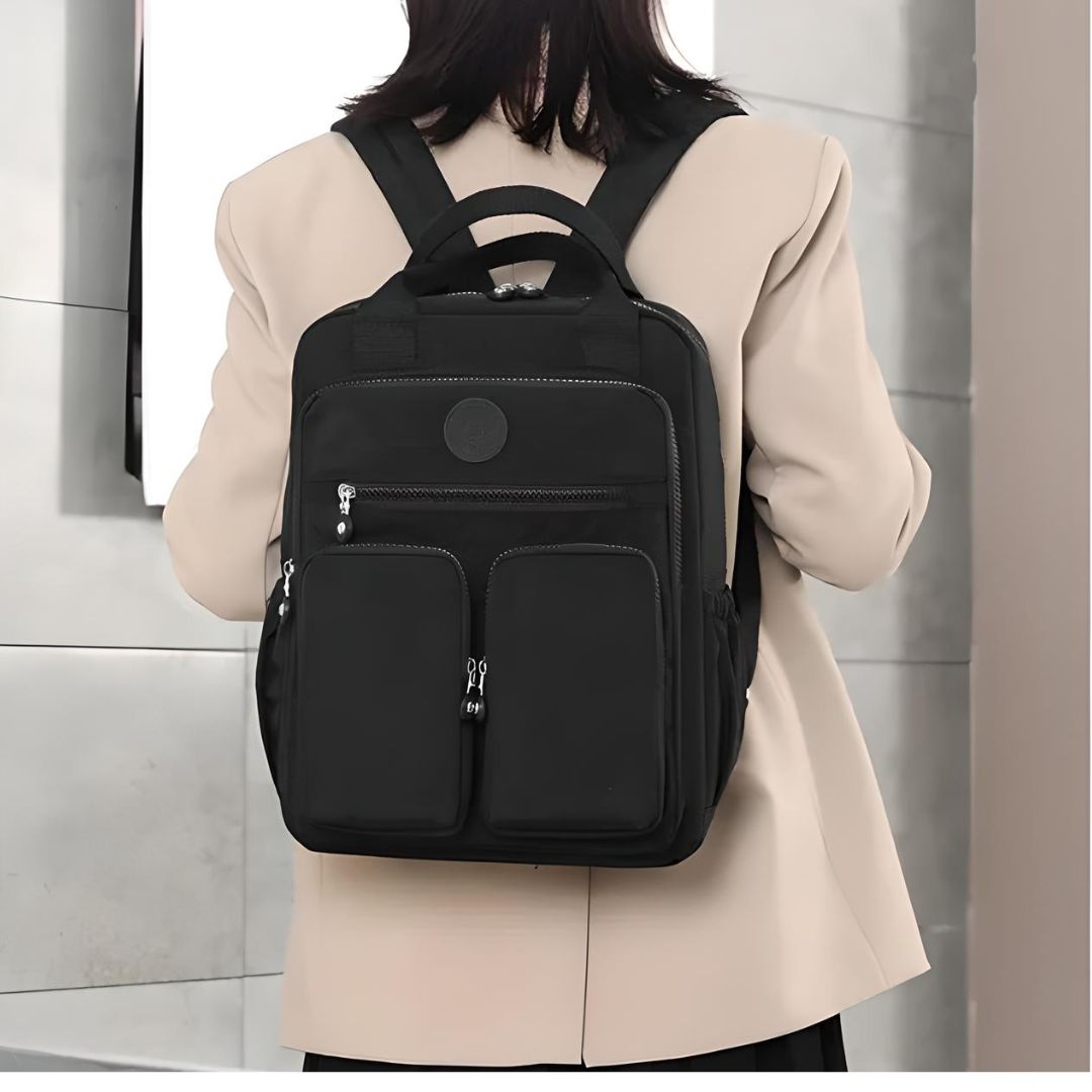 Schwarzer Rucksack Damen, stilvoll, funktional, viele Taschen, ideal für Arbeit und Reisen.