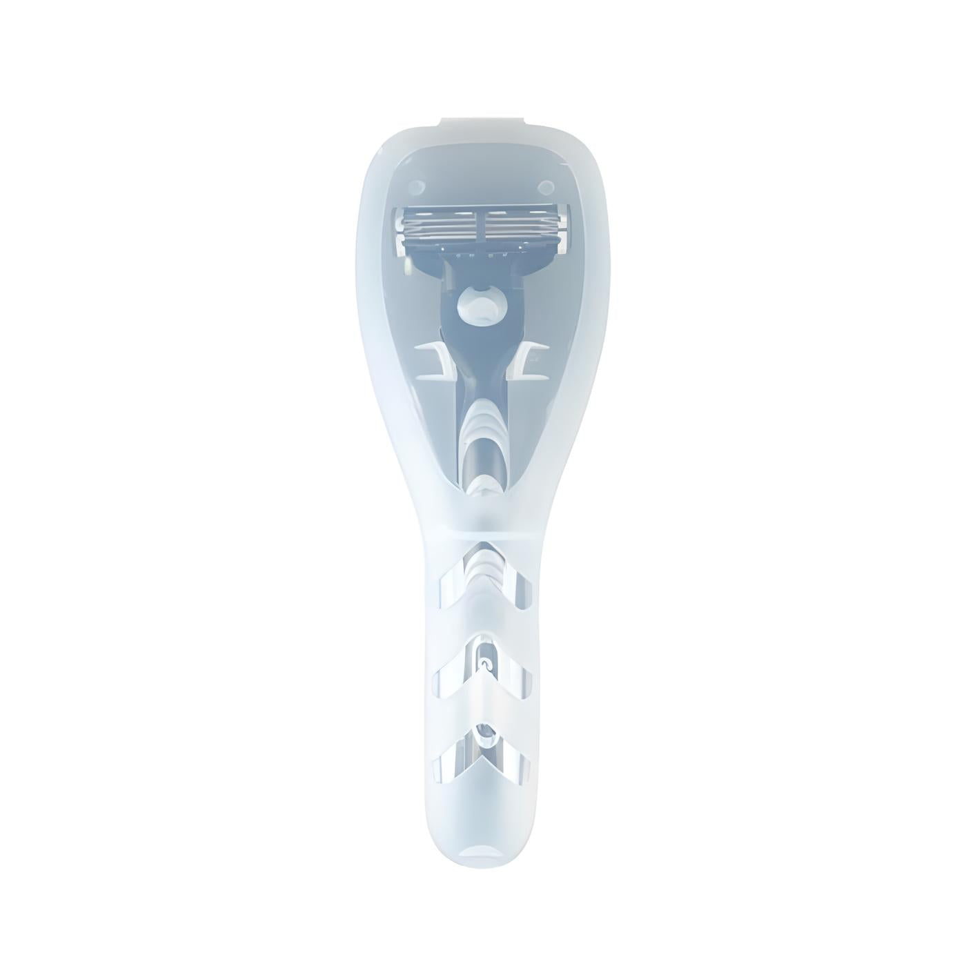 Transparenter Rasierer mit ergonomischem Griff, weiß, für sanfte Rasur, langlebige Klingen.