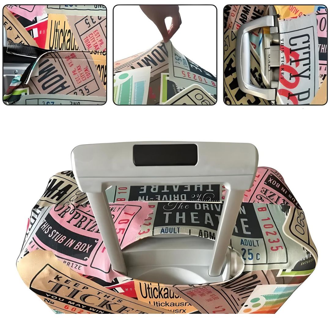 Bunte Kofferhülle mit Ticket-Design, elastisch, schützt Gepäck, stilvoller Reisebegleiter.