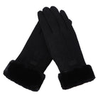 Schwarze Damenhandschuhe mit Kunstfellbesatz, winterfest und touchscreen-kompatibel. Perfekt für kalte Tage. Elegante, warme Accessoires.