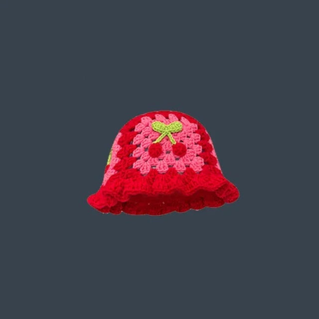 Handgefertigter roter Häkel-Bucket-Hut mit Blumenmuster, ideal für Frühling und Sommer. Modisches Accessoire, koreanischer Stil, Damenmode.