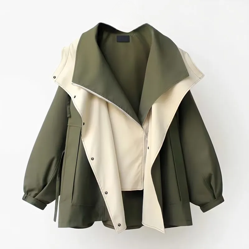 Damen-Trenchcoat in Khaki und Beige, mittellang, mit Reißverschluss. Perfekt für Frühling und Herbst. Modischer koreanischer Stil.