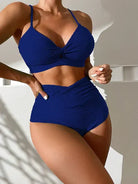 Damen-Bikini, hoch tailliert, blau, gepolstert, Rüschen, sexy Bademode, Sommer 2024.