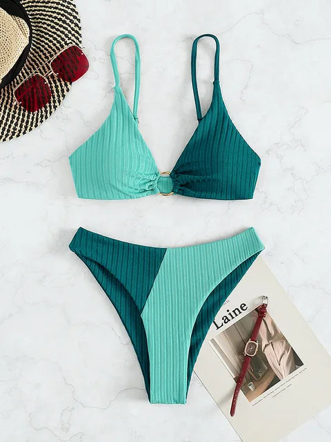 Zweiteiliger Bikini Damen, türkis und dunkelgrün, Push-Up, hohe Taille, Sommermode.
